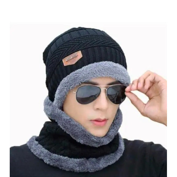 Winter Woolen Beanie Cap & Neck Warmer Combo β Stylish Head & Neck Protection for Men & Women (Random Color) β Free Delivery!