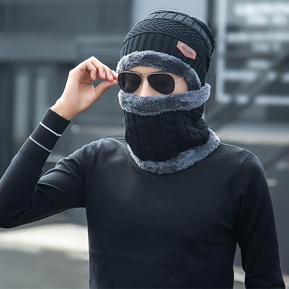 Winter Woolen Beanie Cap & Neck Warmer Combo β Stylish Head & Neck Protection for Men & Women (Random Color) β Free Delivery!