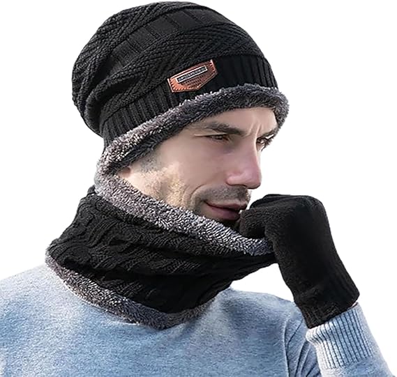 Winter Woolen Beanie Cap & Neck Warmer Combo β Stylish Head & Neck Protection for Men & Women (Random Color) β Free Delivery!
